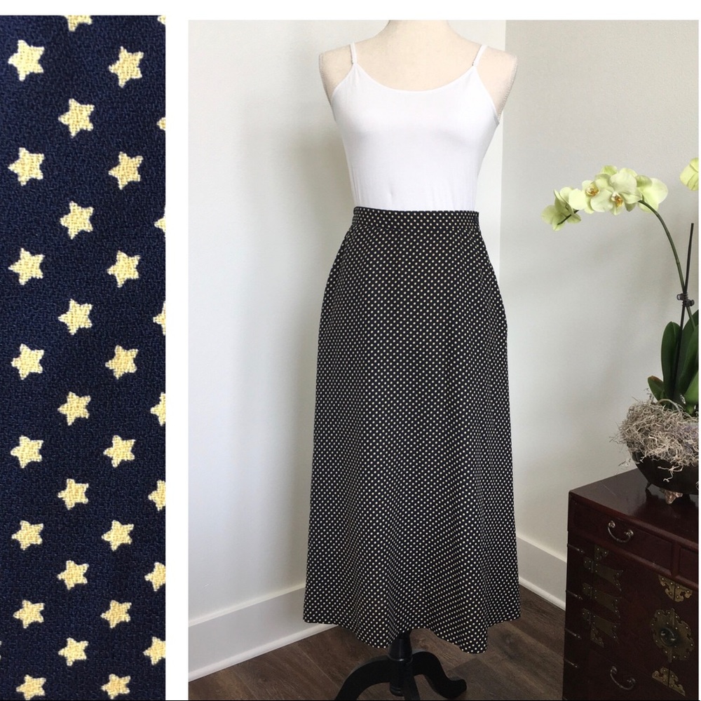 90s Leslie Fay Maxi Navy Gold Star Print Nautical Size Small Skirt